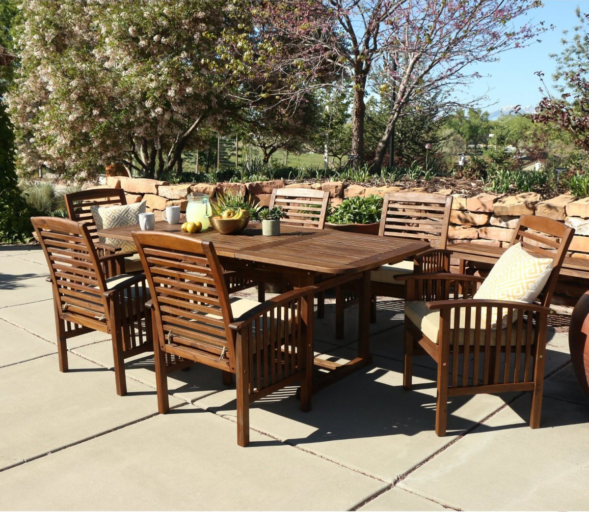 Walker Edison 7-Piece Acacia Wood Patio Dining Set with Cushions