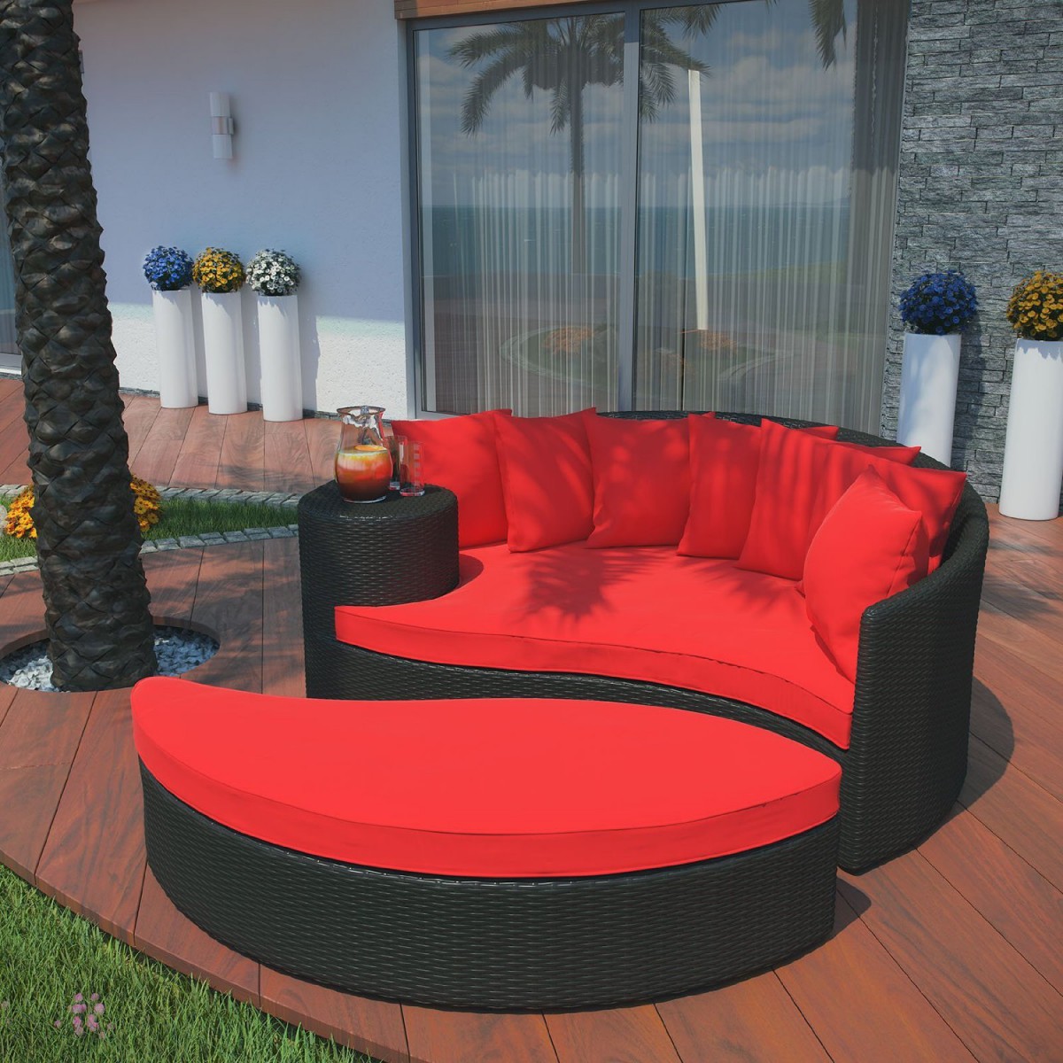 LexMod Taiji Round Wicker Outdoor Daybed with Ottoman