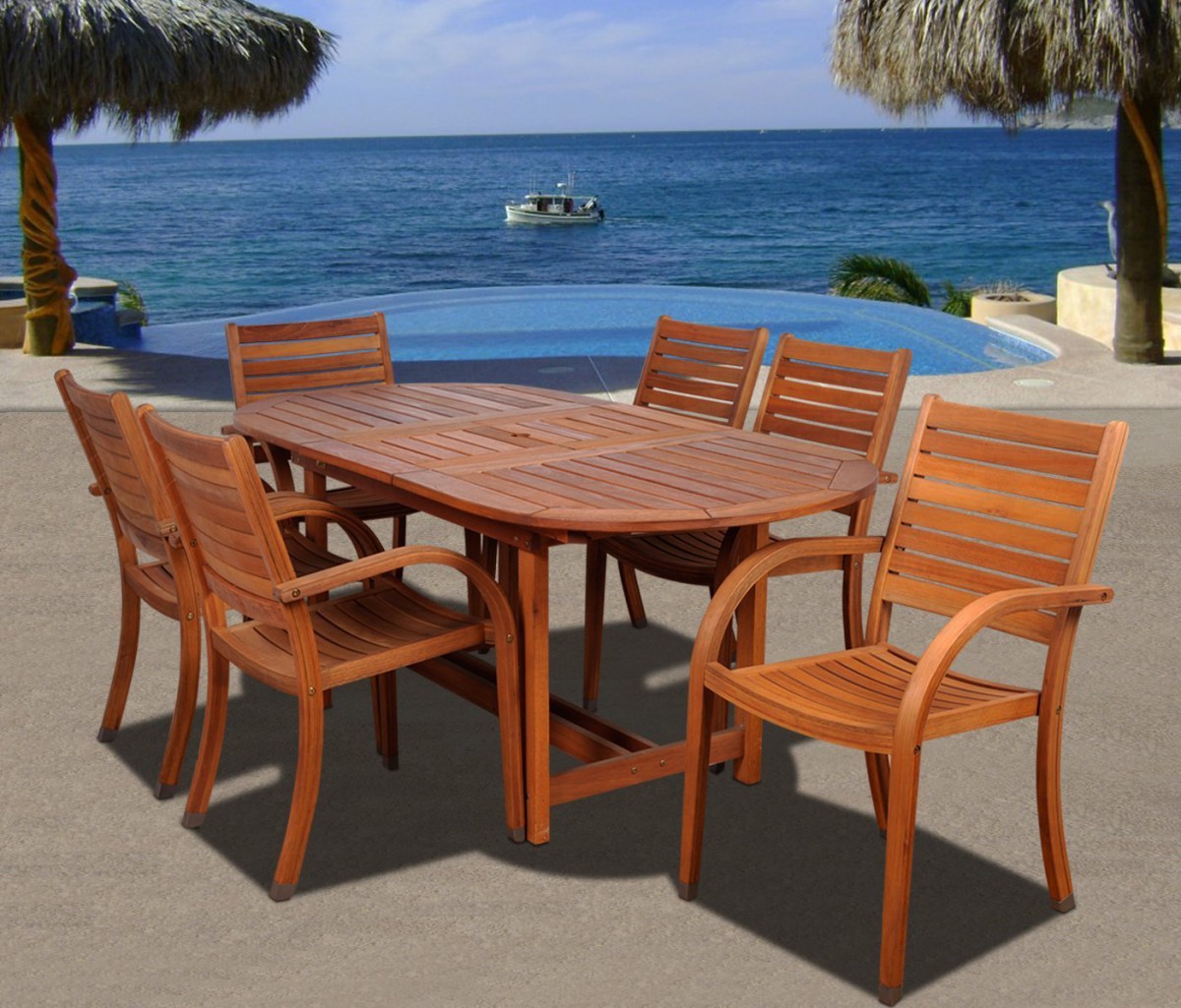 Amazonia Arizona 7 Piece Wood Outdoor Dining Set with 83″ Oval Table and 6 Stackable Chairs