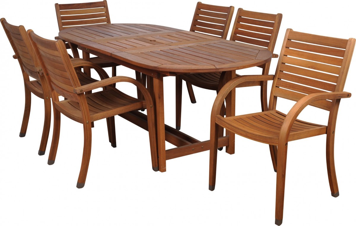 Amazonia Arizona 7 Piece Wood Outdoor Dining Set with 83″ Oval Table and 6 Stackable Chairs