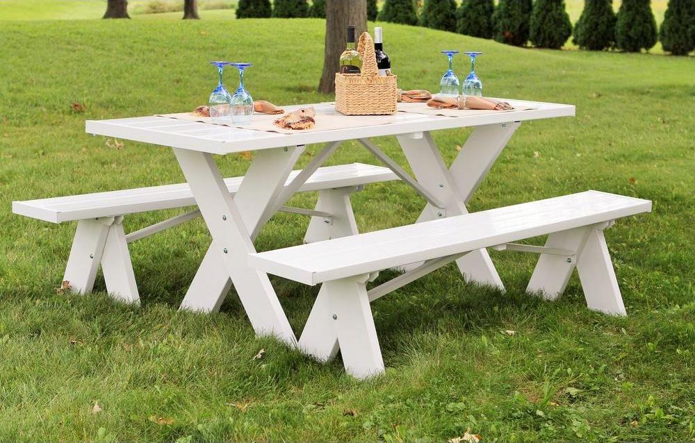 Dura-Trel White Plastic Picnic Table with Detached Benches