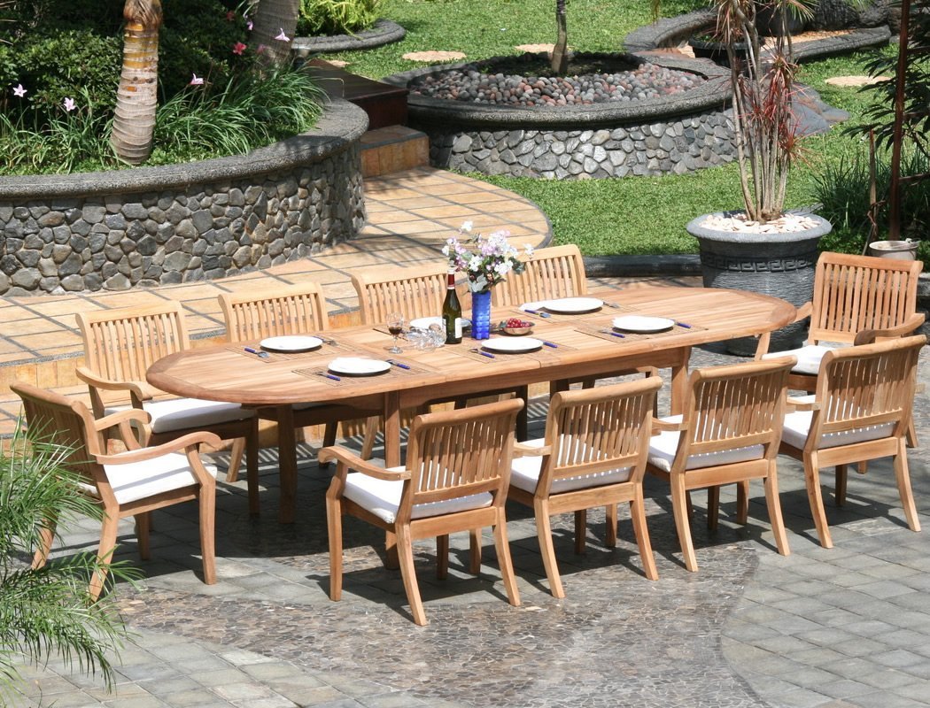 WholesaleTeak 11 Piece Grade-A Teak Dining Set with 117″ Oval Table and 10 Stackable Chairs