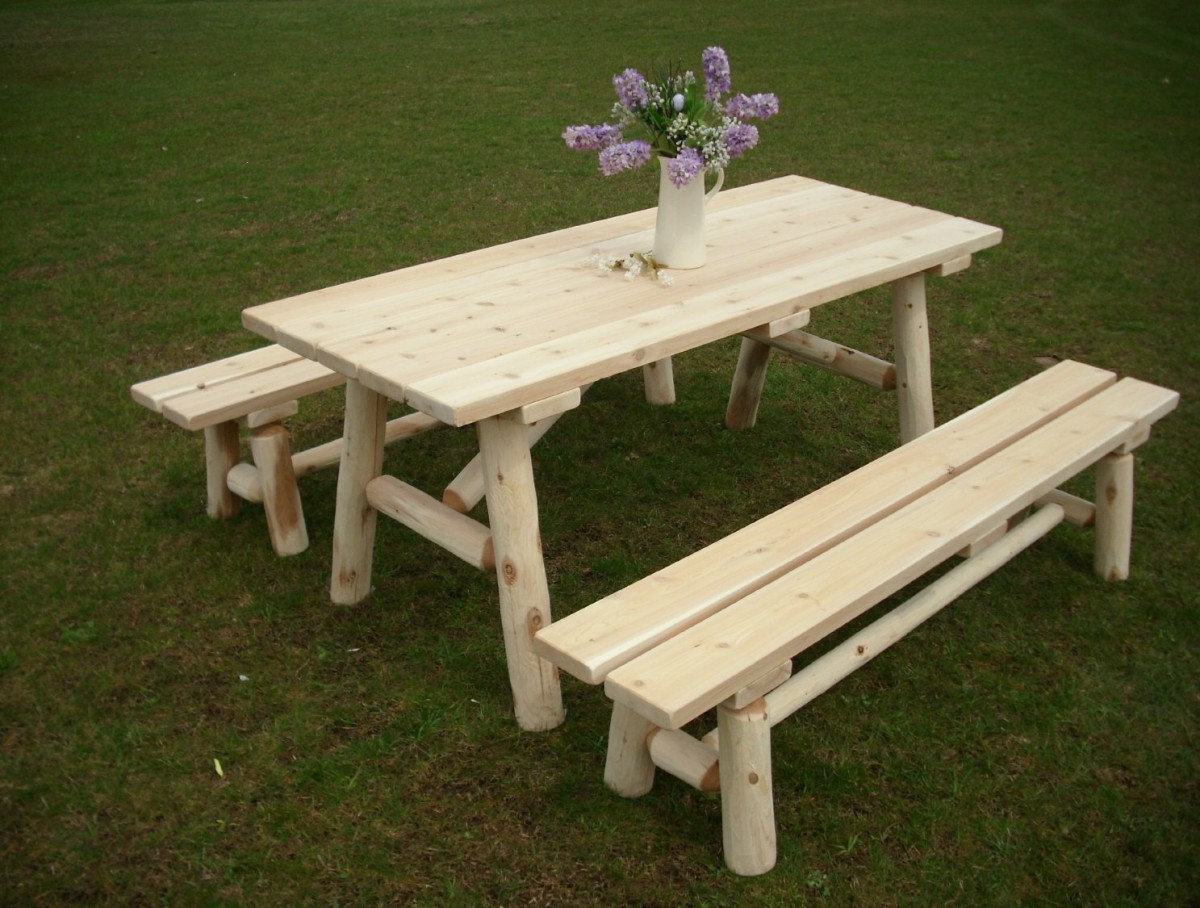 6 Foot Amish Cedar Log Picnic Table with Detached Benches