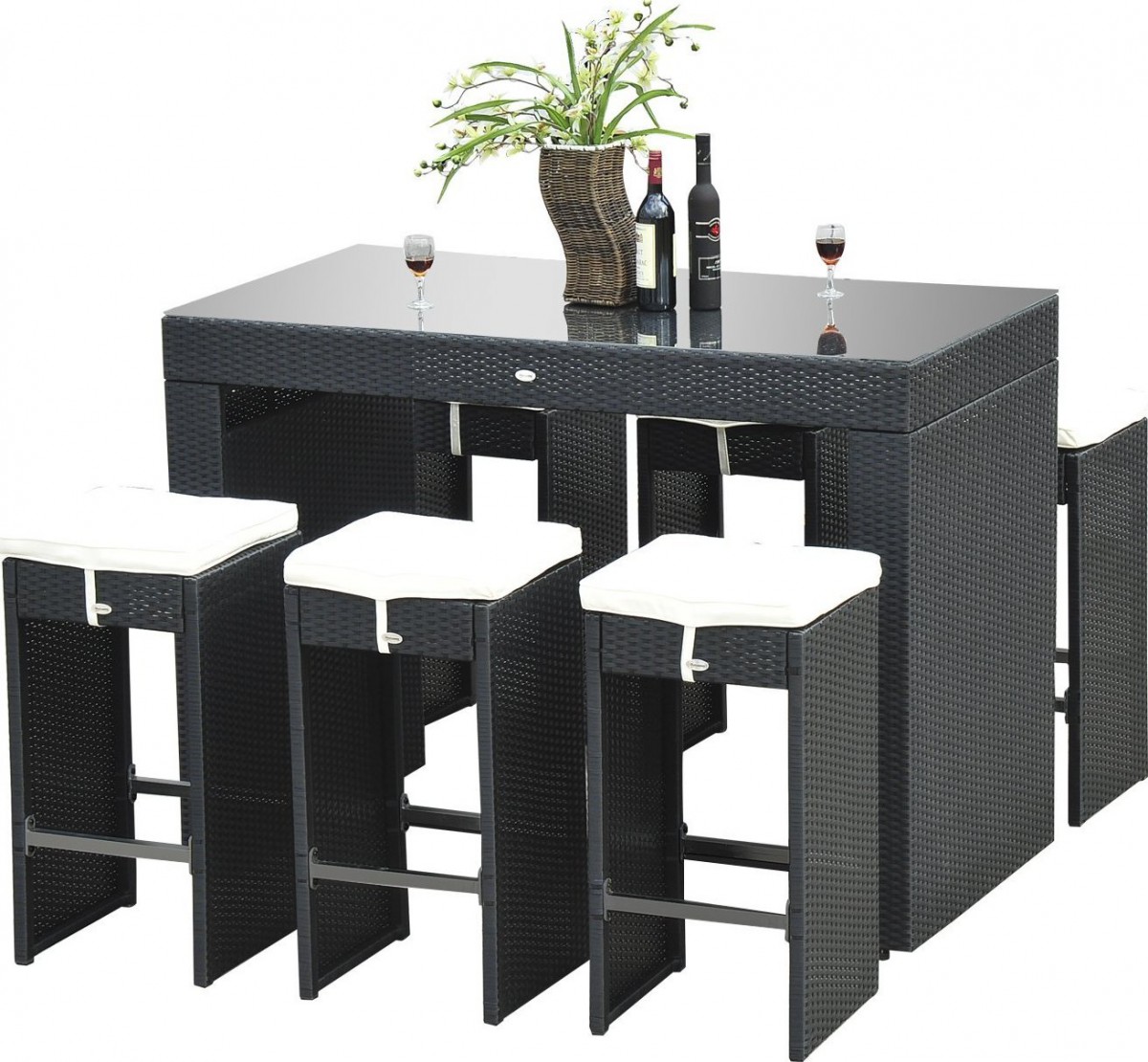 Outsunny 7-Piece Rattan Wicker Bar Stool Dining Table Set