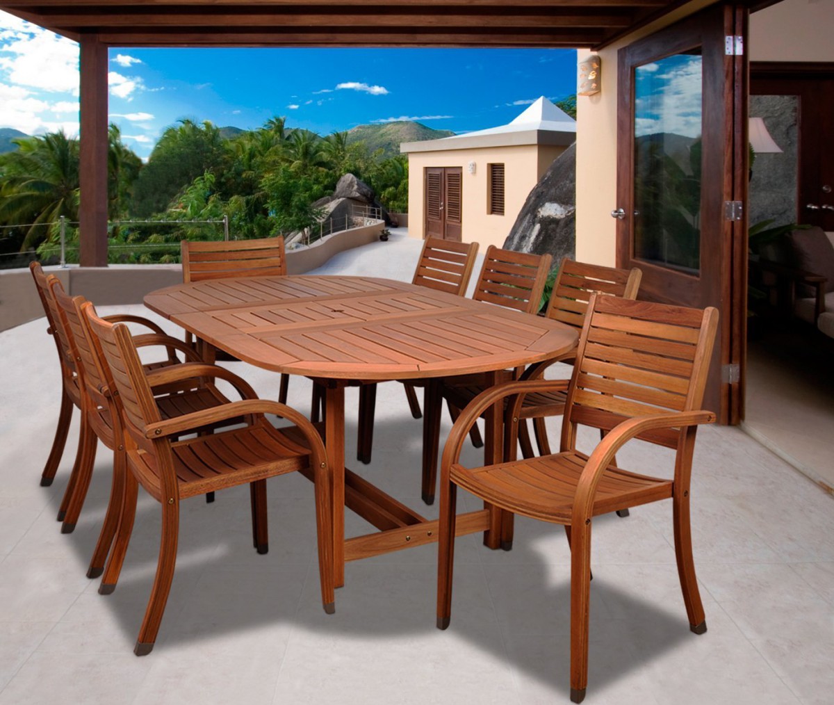 Amazonia Arizona 9 Piece Wood Outdoor Dining Set with 93″ Oval Table and 8 Stackable Chairs