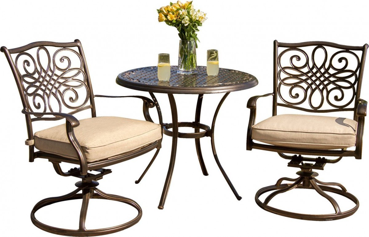 Hanover Traditions 3-Piece Outdoor Bistro Set with Cushioned Swivel Rocker Chairs