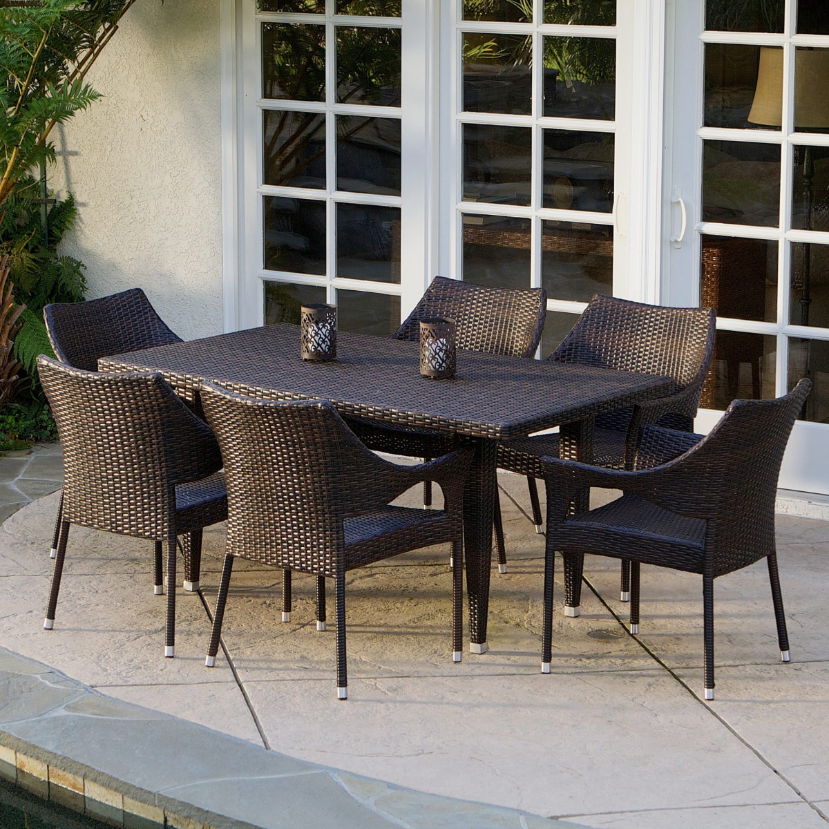 Del Mar Wicker 7 Piece Outdoor Dining Set with Stackable Wicker Chairs