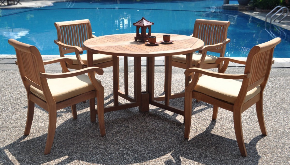 WholesaleTeak 5 Piece Teak Dining Set with 48 Inch Folding Patio Table + Stacking Chairs