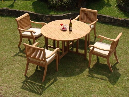 WholesaleTeak 5 Piece Teak Dining Set with 48 Inch Folding Patio Table + Stacking Chairs