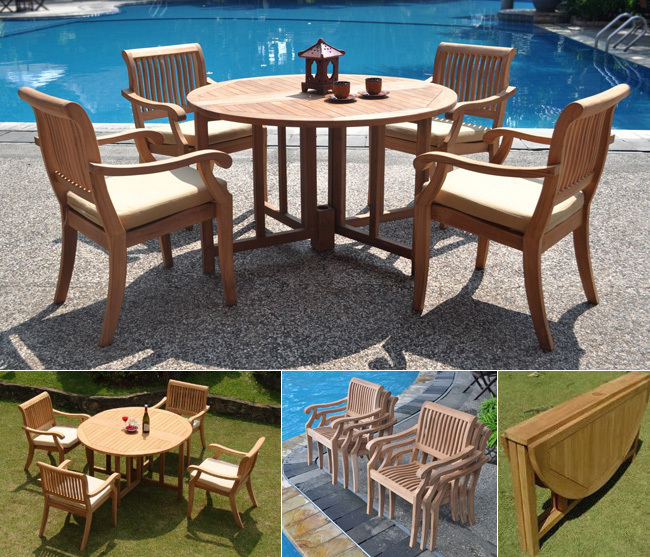 WholesaleTeak 5 Piece Teak Dining Set with 48 Inch Folding Patio Table + Stacking Chairs