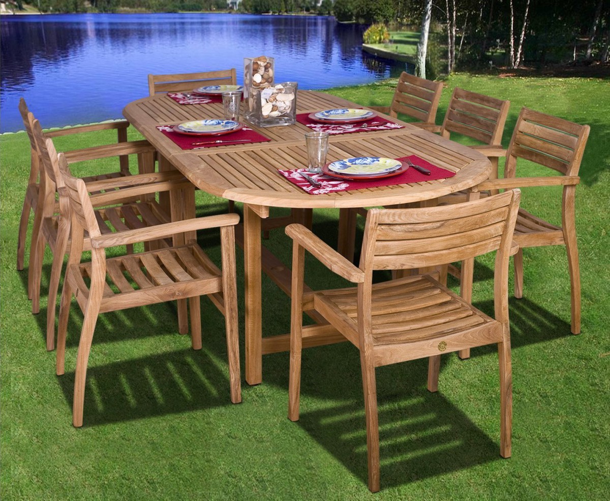 Amazonia Teak Coventry 9 Piece Oval Teak Outdoor Dining Set with Stackable Chairs