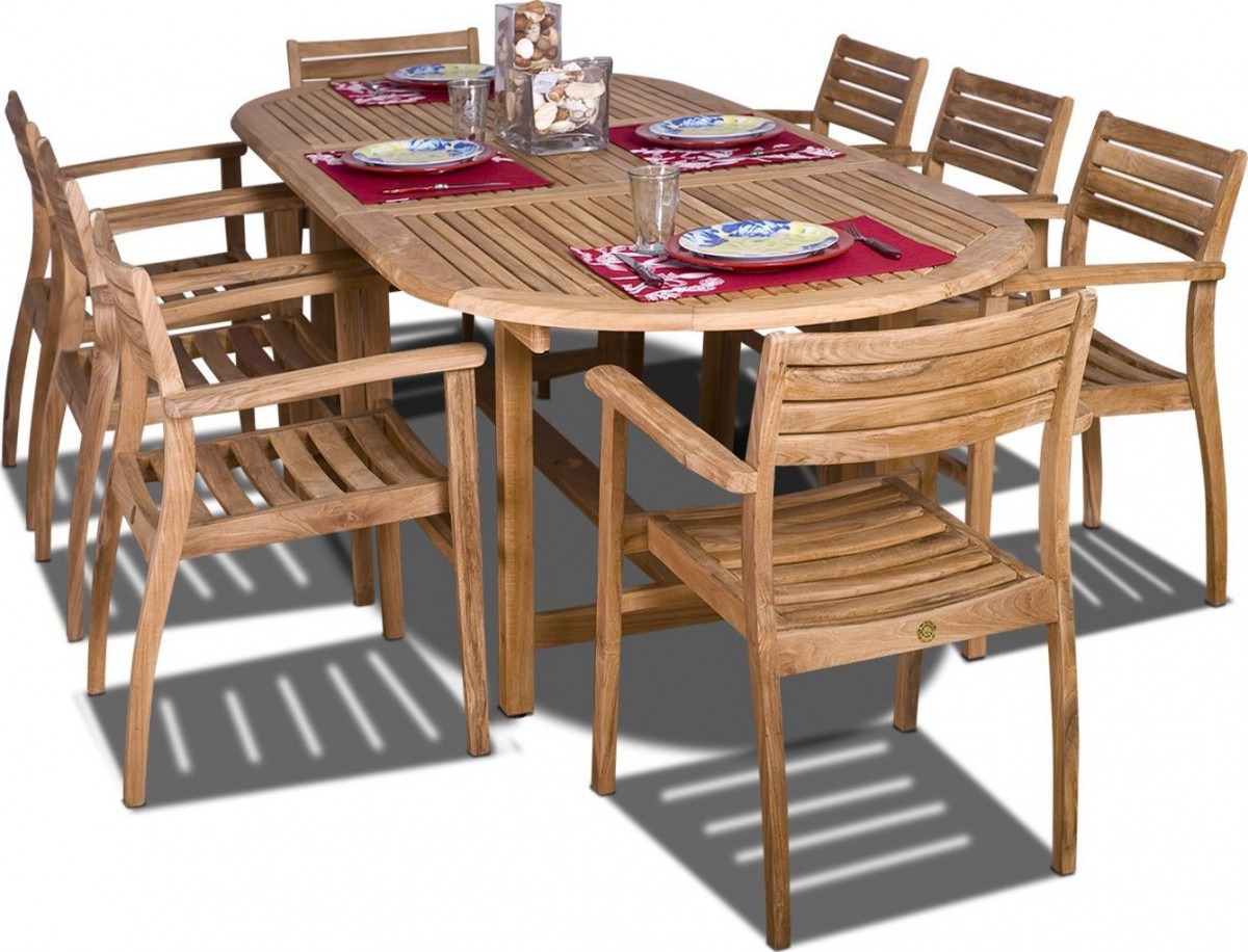 Amazonia Teak Coventry 9 Piece Oval Teak Outdoor Dining Set with Stackable Chairs