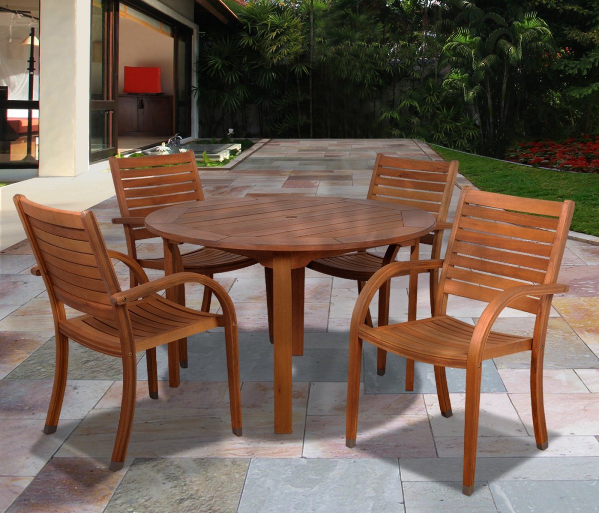 Amazonia Arizona 5 Piece Wood Outdoor Dining Set with 47″ Round Table and 4 Stackable Chairs