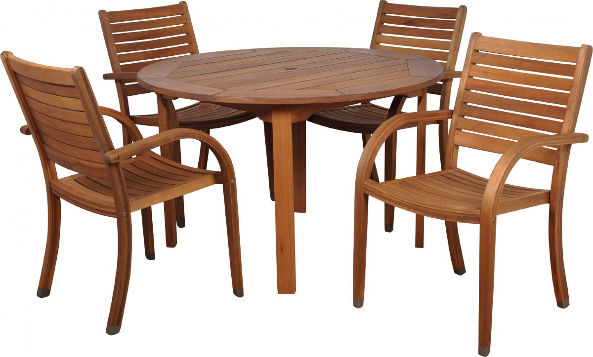 Amazonia Arizona 5 Piece Wood Outdoor Dining Set with 47″ Round Table and 4 Stackable Chairs