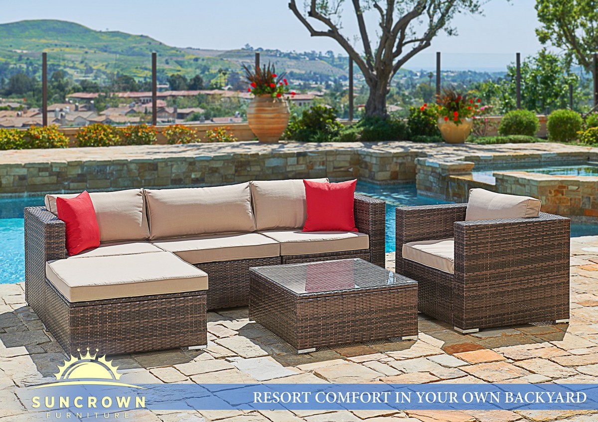 Suncrown 6 Piece Wicker Outdoor Sectional Sofa Set with Waterproof Cover