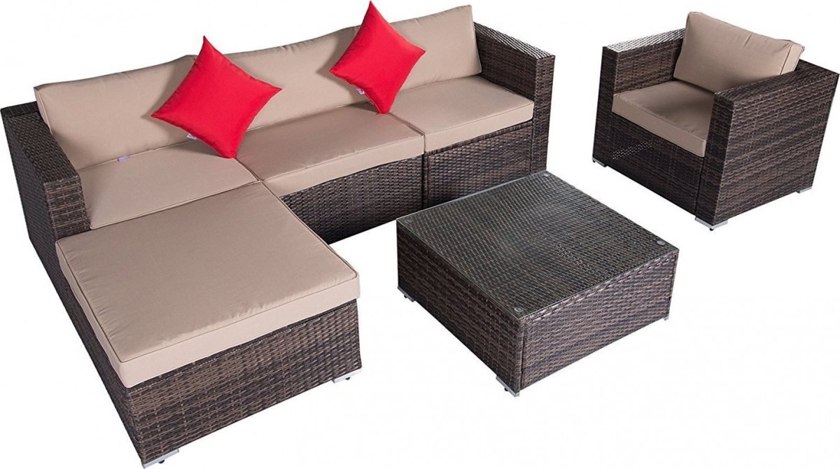 Suncrown 6 Piece Wicker Outdoor Sectional Sofa Set with Waterproof Cover