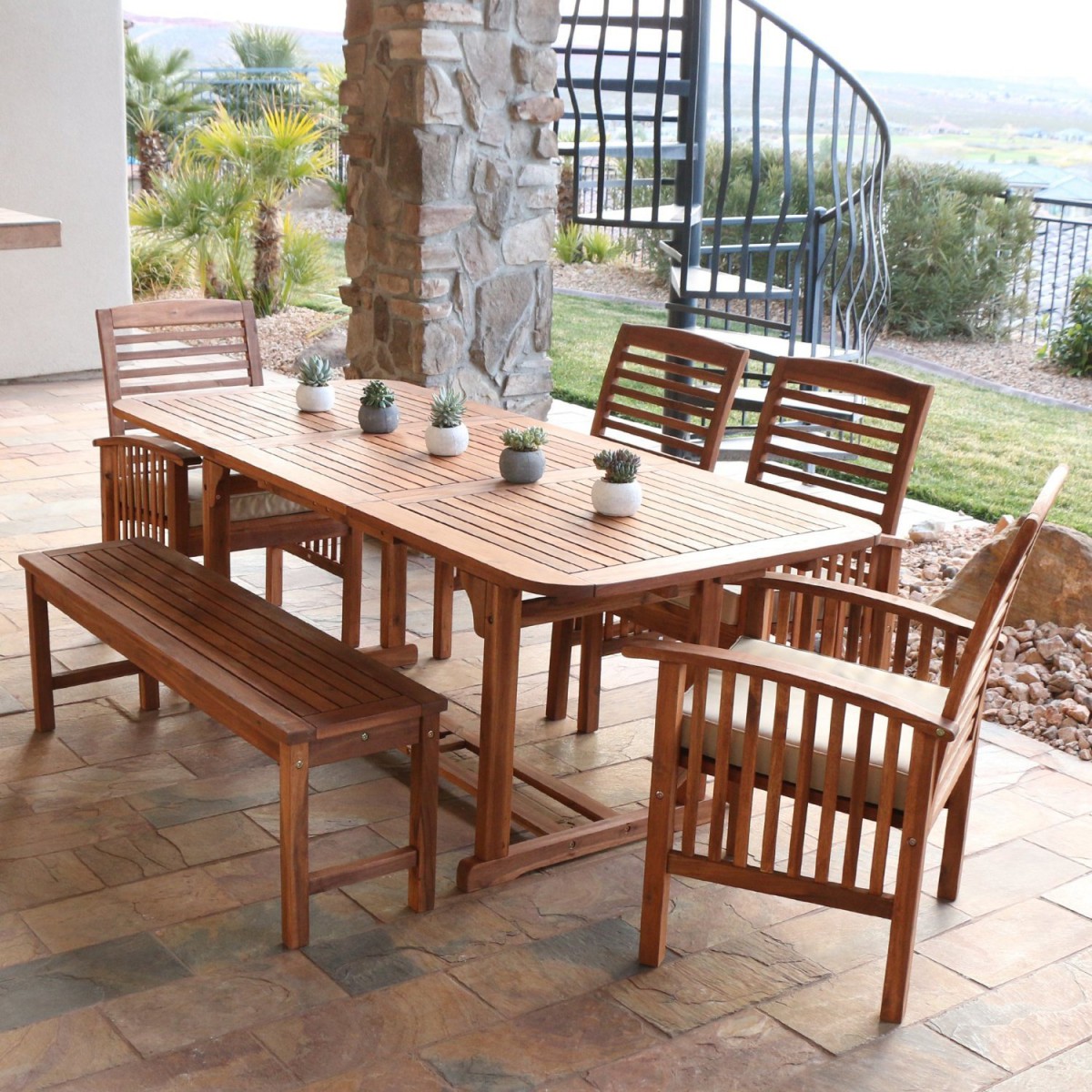 Walker Edison 6-Piece Acacia Wood Patio Dining Set with Cushions