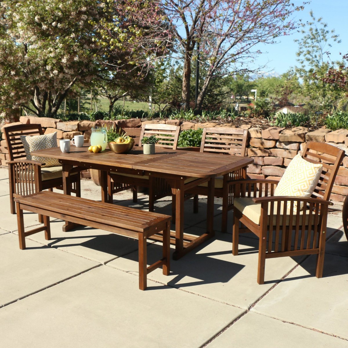 Walker Edison 6-Piece Acacia Wood Patio Dining Set with Cushions