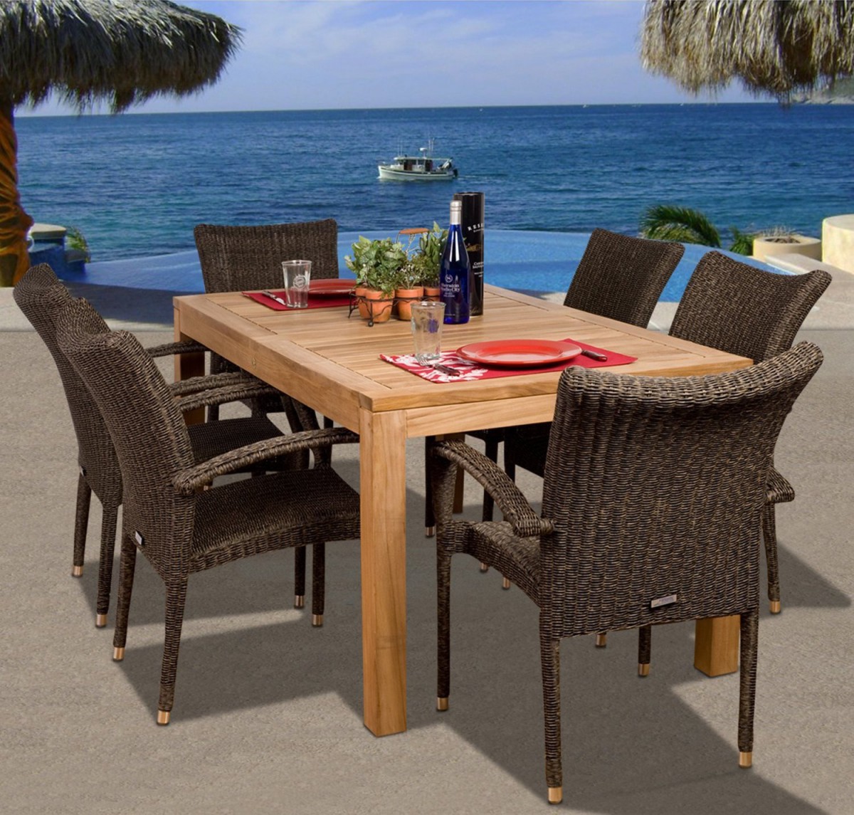 Amazonia Teak Brussels 7 Piece Teak Outdoor Dining Set with Stackable Wicker Chairs