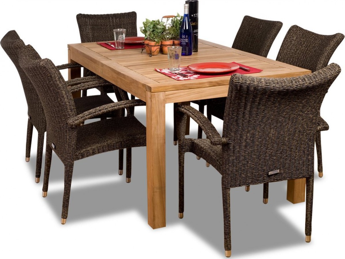 Amazonia Teak Brussels 7 Piece Teak Outdoor Dining Set with Stackable Wicker Chairs