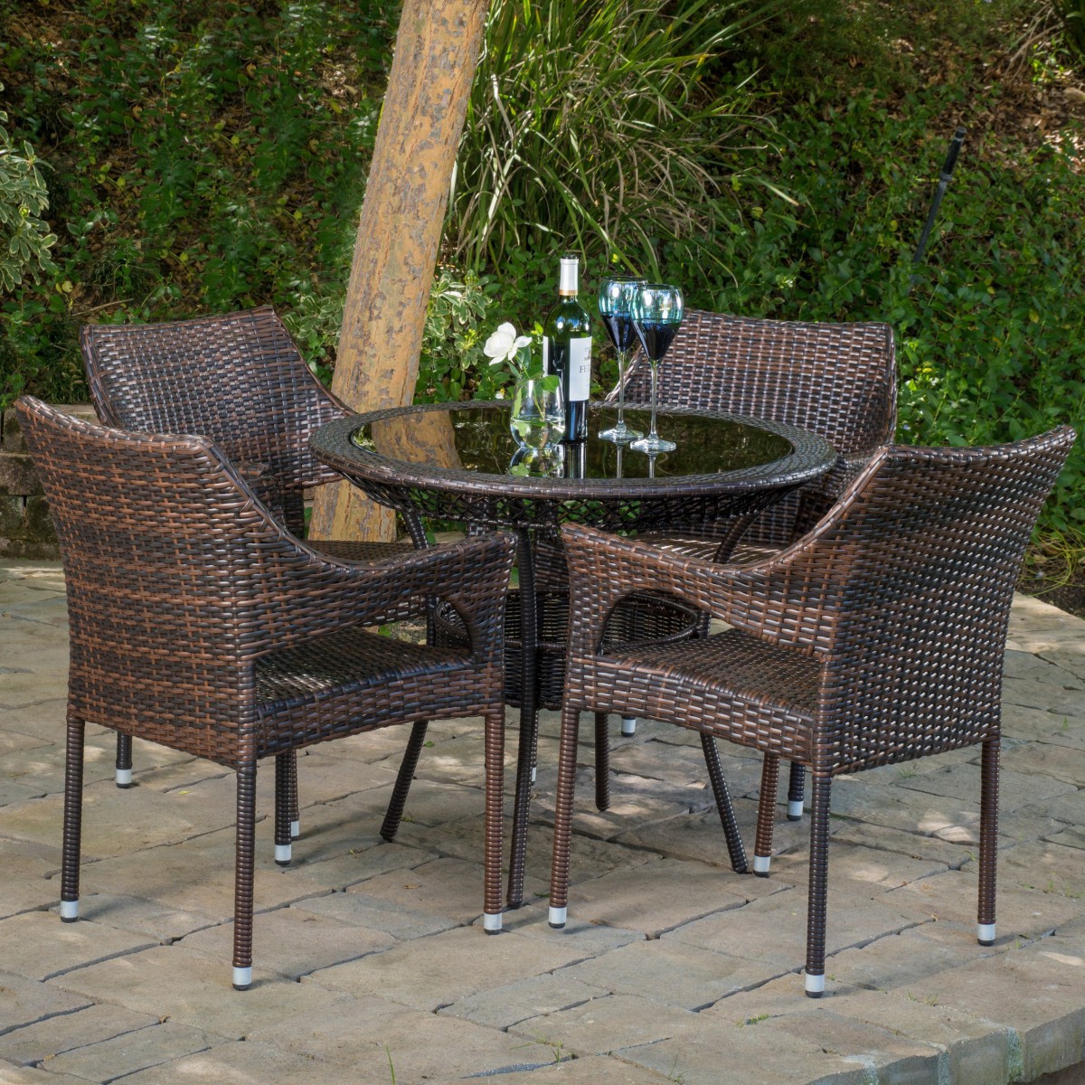 Del Mar Wicker 5 Piece Outdoor Dining Set with 34″ Round Table and Stackable Chairs