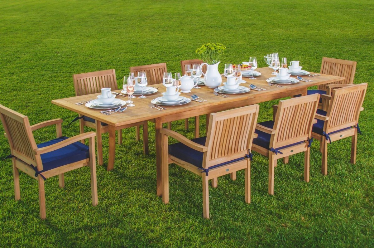 WholesaleTeak 9 Piece Grade-A Teak Outdoor Dining Set with 94″ Table and 8 Stackable Chairs