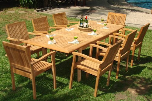 WholesaleTeak 9 Piece Grade-A Teak Outdoor Dining Set with 94″ Table and 8 Stackable Chairs