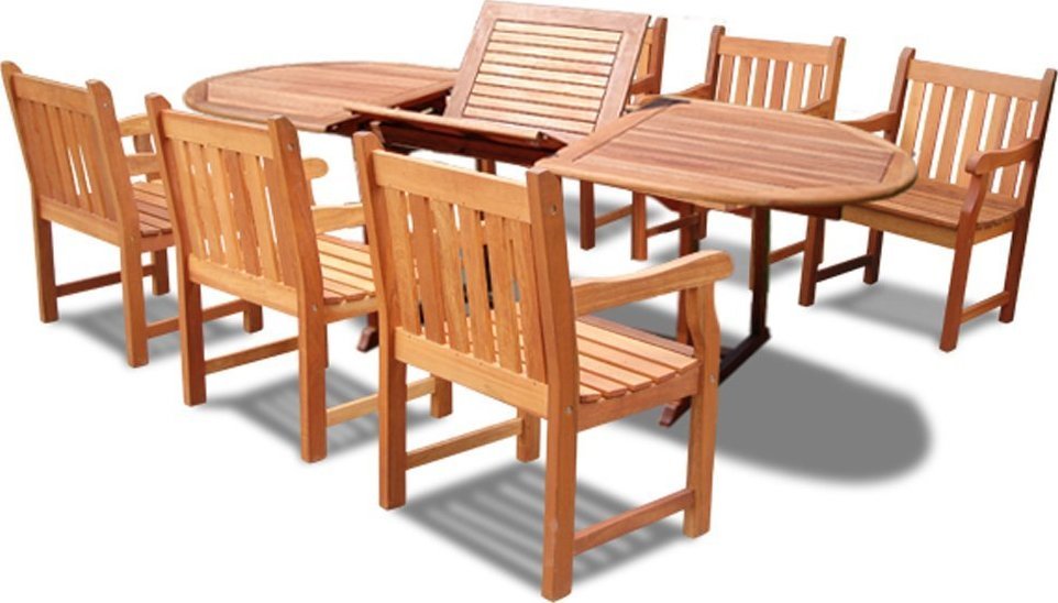 Vifah V144SET21 Wood 7-Piece Patio Dining Set with Oval Extension Table and Armchairs