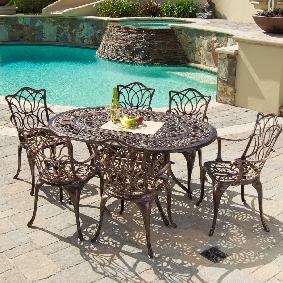 Gardena Cast Aluminum 7 Piece Outdoor Dining Set with Oval Table