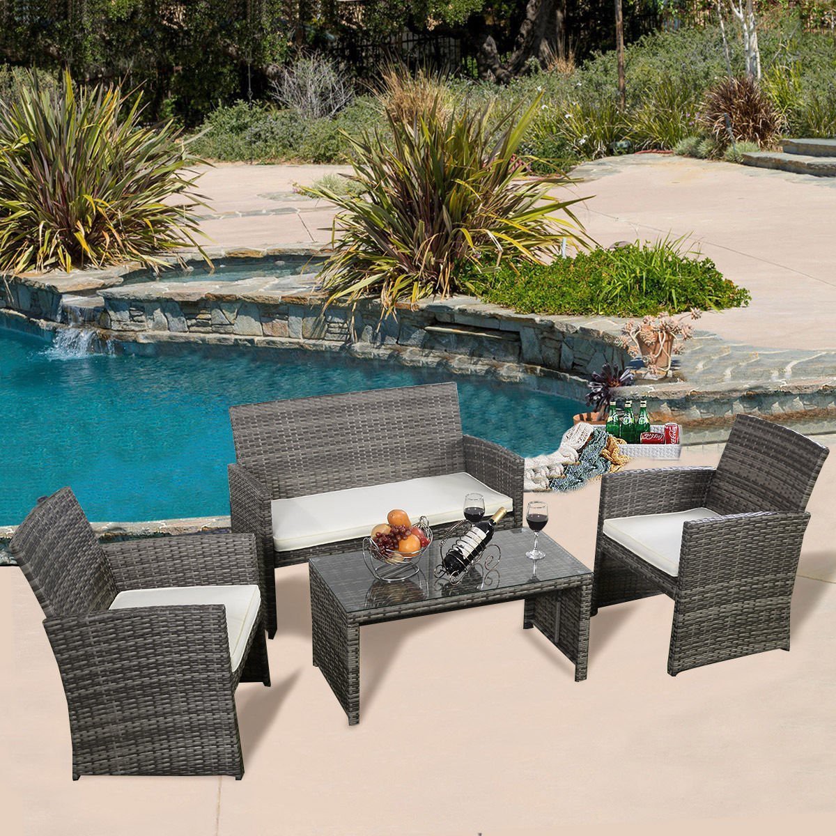 GHP 4pc Gray Rattan Wicker Outdoor Patio Furniture Set