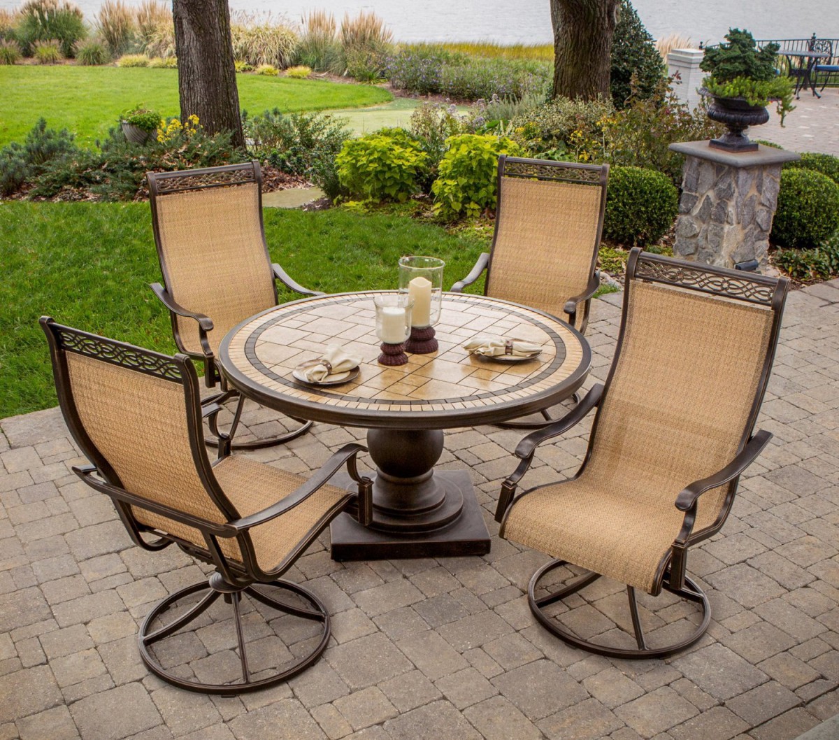 Hanover Monaco 5-Piece Outdoor Dining Set with High-Back Swivel Rocker Chairs