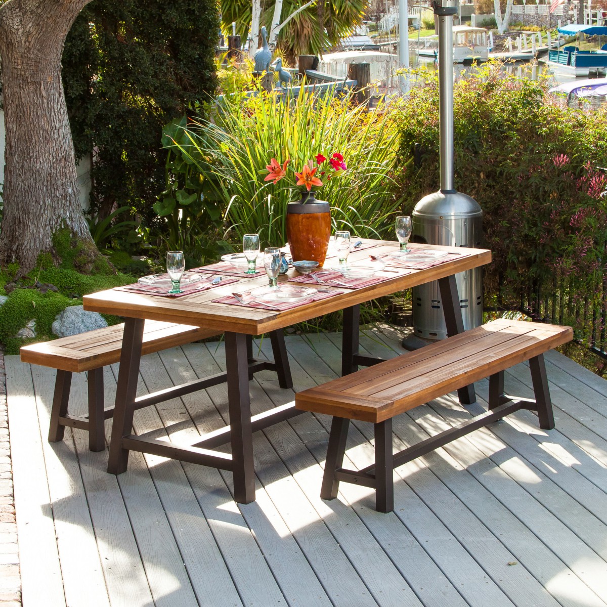 Bowman Wood Picnic Table Set with Detached Benches