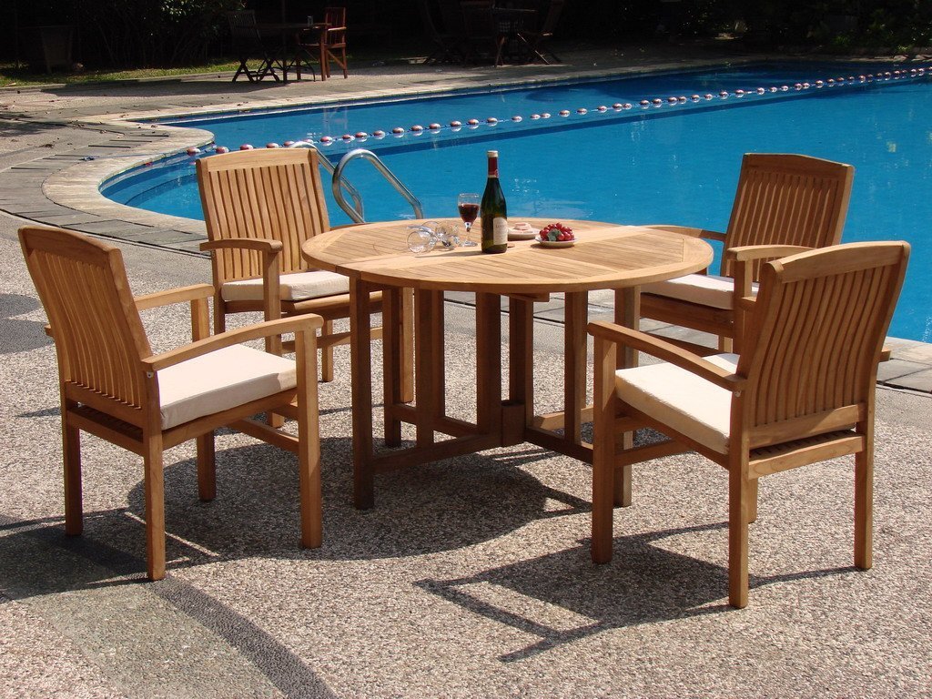 WholesaleTeak 5 Piece Grade-A Teak Dining Set with 48″ Round Folding Table + 4 Stackable Chairs