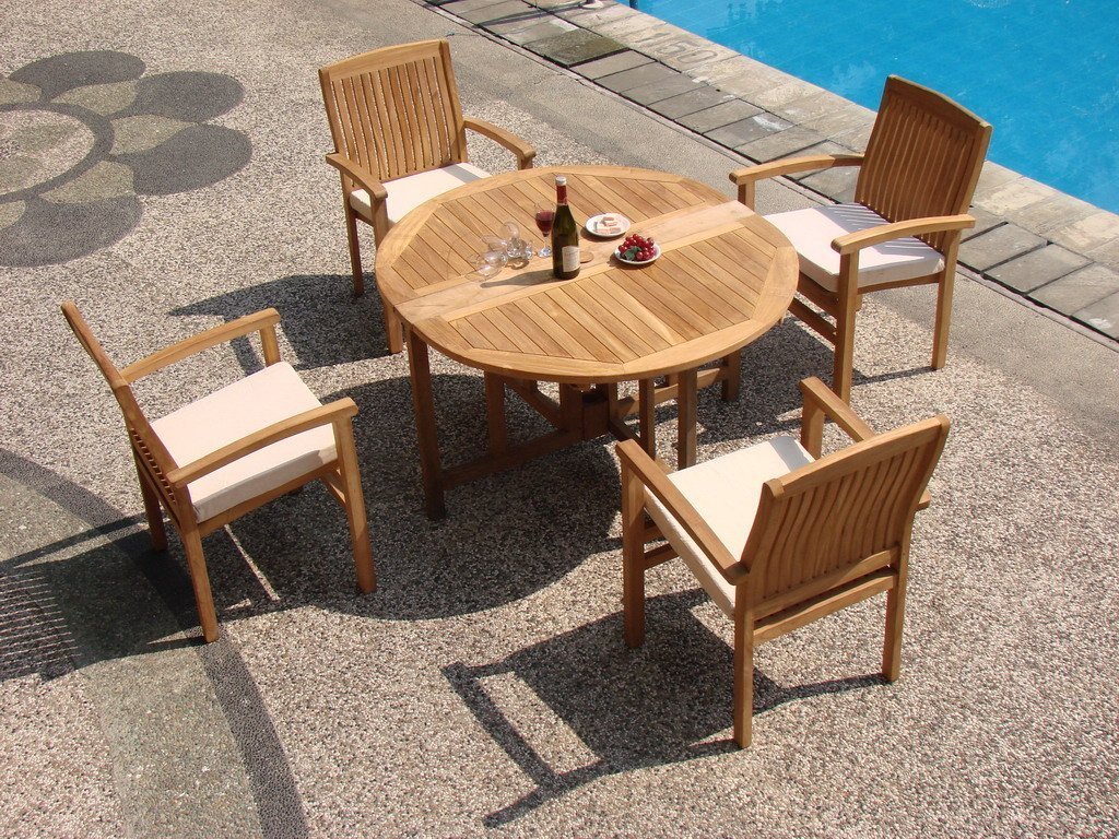 WholesaleTeak 5 Piece Grade-A Teak Dining Set with 48″ Round Folding Table + 4 Stackable Chairs