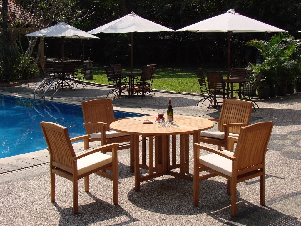 WholesaleTeak 5 Piece Grade-A Teak Dining Set with 48″ Round Folding Table + 4 Stackable Chairs