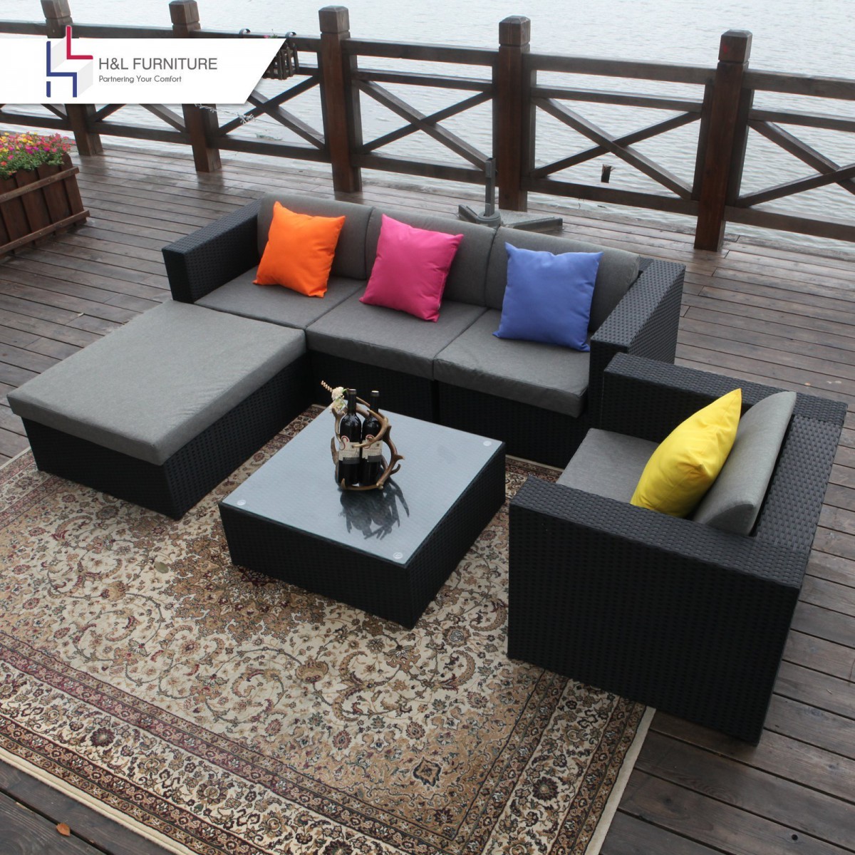 H&L Patio Black 6 Piece Wicker Sectional Sofa Set with Ottoman and Coffee Table