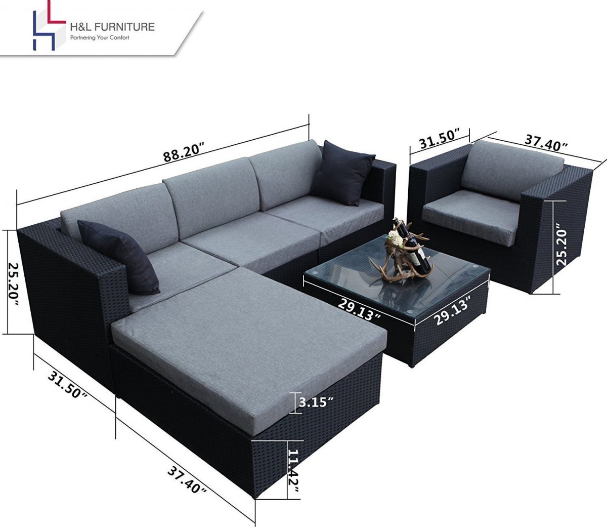 H&L Patio Black 6 Piece Wicker Sectional Sofa Set with Ottoman and Coffee Table