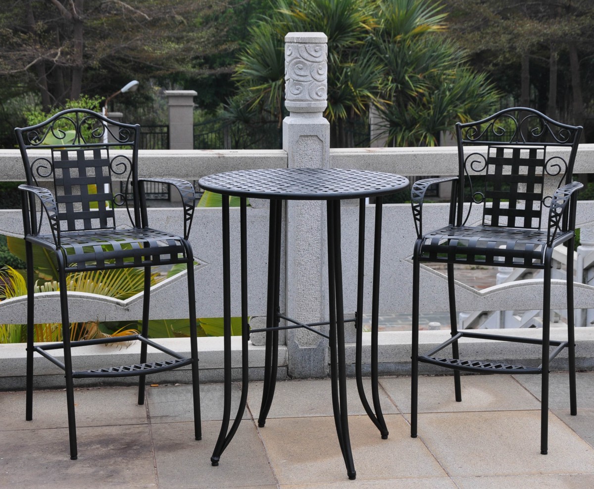 Wrought Iron Bistro Set With Bar Table And Two Barstools