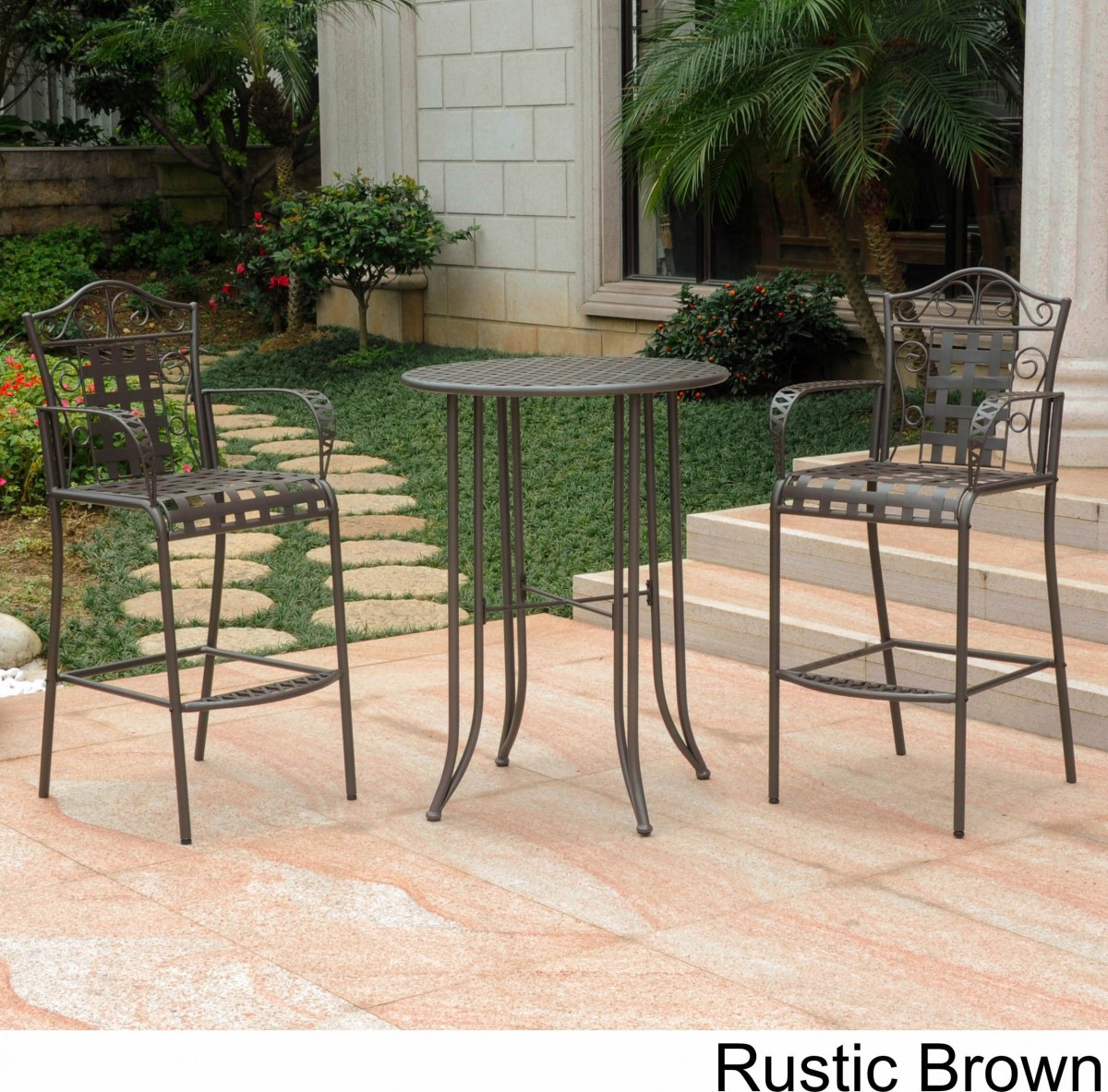 Wrought Iron Bistro Set With Bar Table And Two Barstools