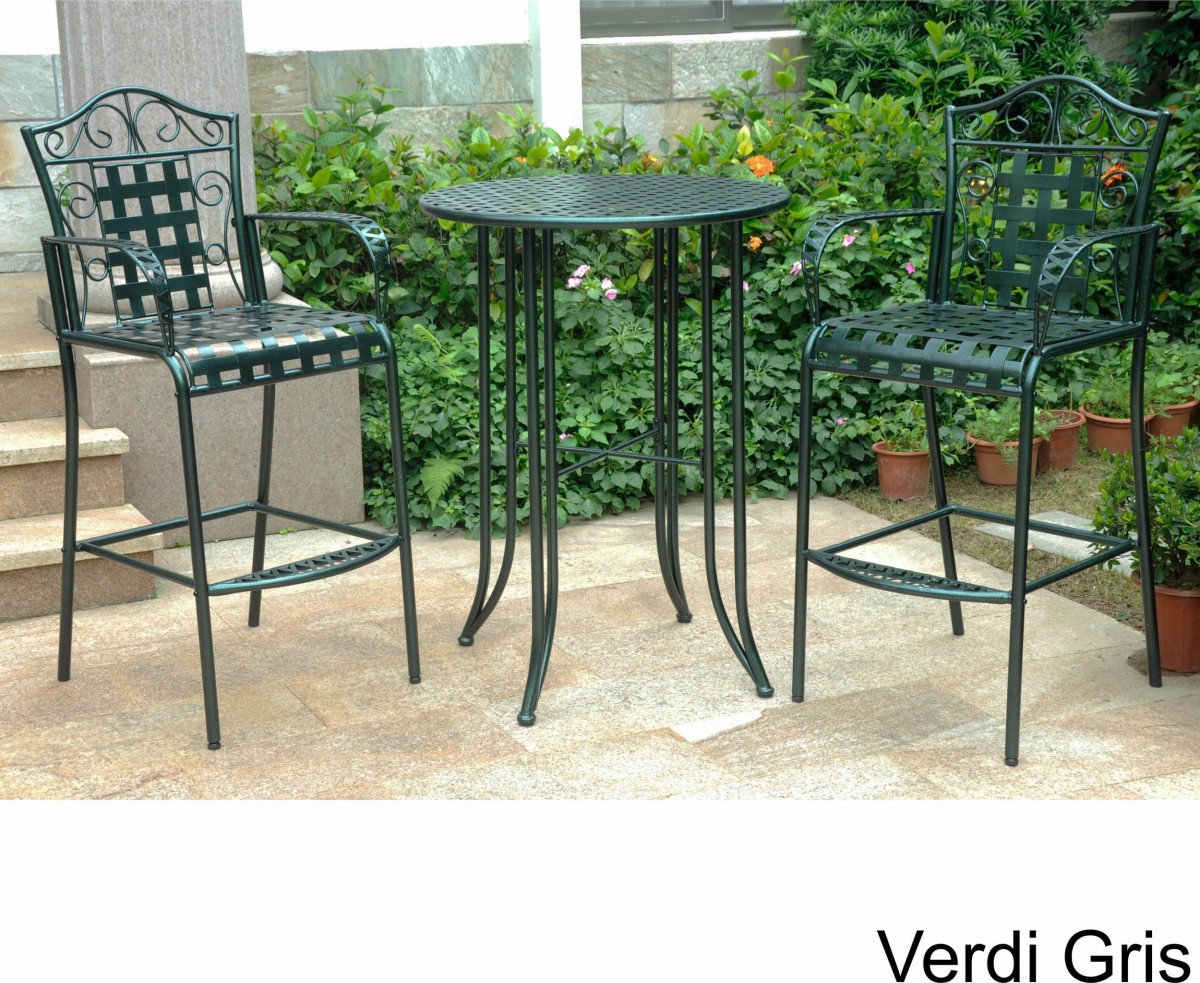 Wrought Iron Bistro Set With Bar Table And Two Barstools