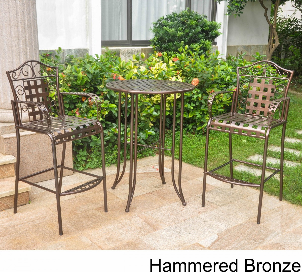 Wrought Iron Bistro Set With Bar Table And Two Barstools